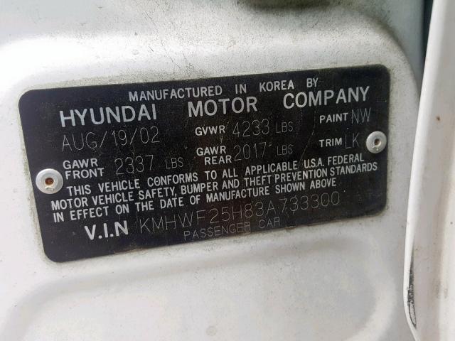 KMHWF25H83A733300 - 2003 HYUNDAI SONATA GL WHITE photo 10