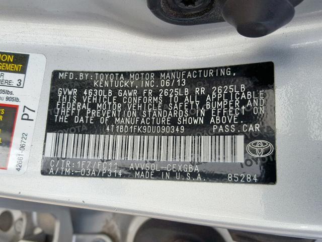 4T1BD1FK9DU090349 - 2013 TOYOTA CAMRY HYBR SILVER photo 10