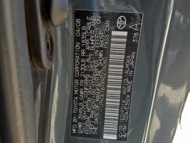 JTKDE167X90276060 - 2009 TOYOTA SCION TC ნაცრისფერი ფოტო 10