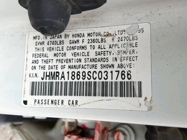 JHMRA1869SC031766 - 1995 HONDA ODYSSEY LX WHITE photo 10