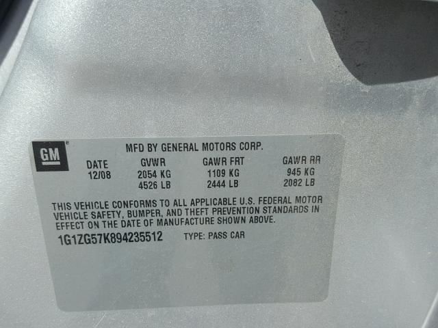 1G1ZG57K894235512 - 2009 CHEVROLET MALIBU LS 银色 照片 10