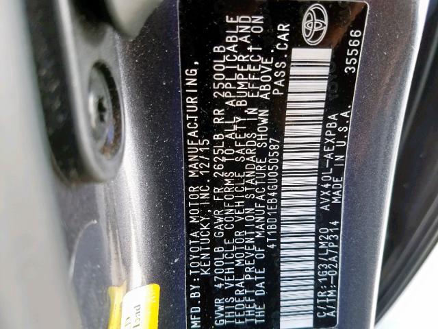 4T1BD1EB4GU050587 - 2016 TOYOTA AVALON HYB GRAY photo 10