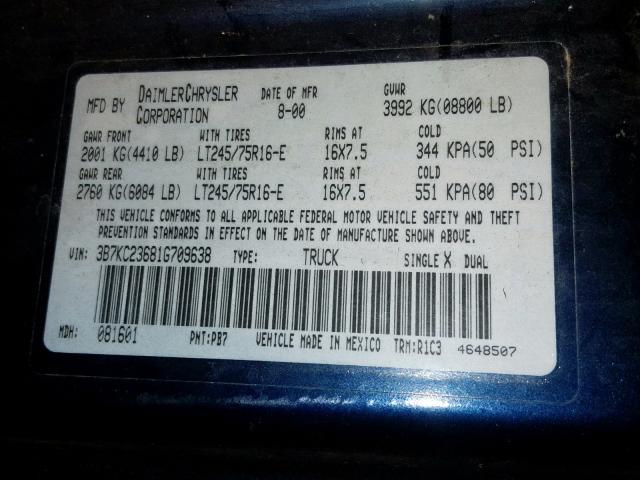 3B7KC23681G709638 - 2001 DODGE RAM 2500 BLUE photo 10