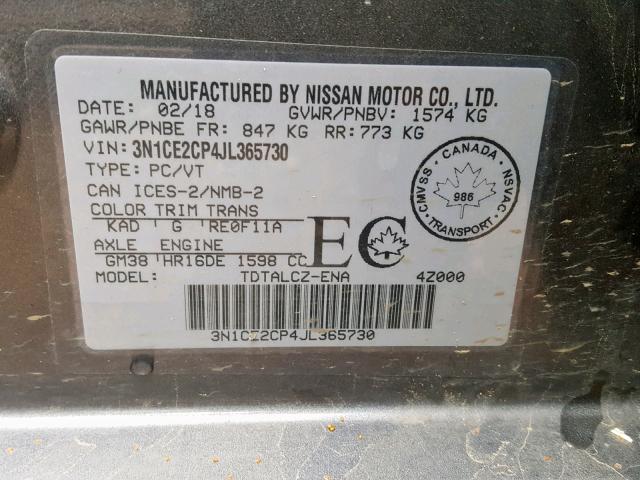 3N1CE2CP4JL365730 - 2018 NISSAN VERSA NOTE GRAY photo 10