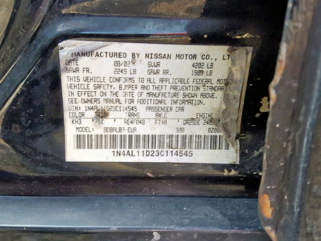 1N4AL11D23C114545 - 2003 NISSAN ALTIMA BAS BLACK photo 10