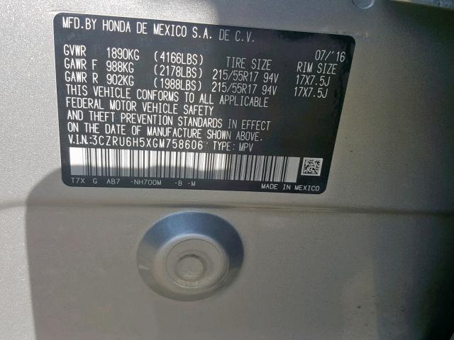 3CZRU6H5XGM758606 - 2016 HONDA HR-V EX SILVER photo 10