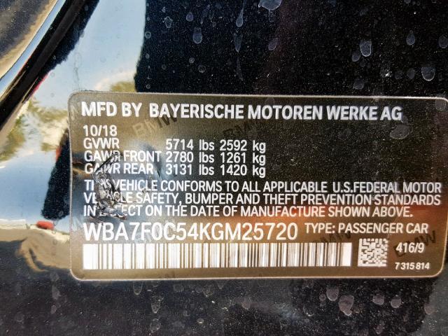 WBA7F0C54KGM25720 - 2019 BMW 750 I BLACK photo 10