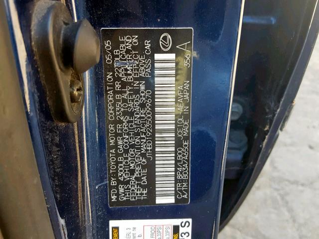 JTHBD192350099670 - 2005 LEXUS IS 300 BLUE photo 10