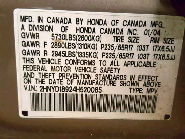 2HNYD18924H520065 - 2004 ACURA MDX TOURIN GOLD photo 10