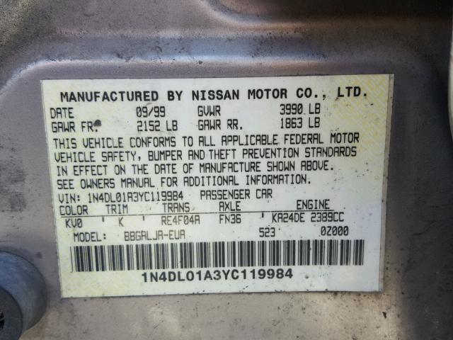 1N4DL01A3YC119984 - 2000 NISSAN ALTIMA XE GRAY photo 10