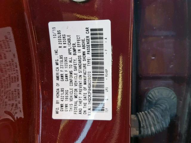 1HGCR2F84GA039370 - 2016 HONDA ACCORD EXL BURGUNDY photo 10