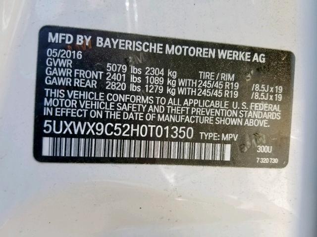 5UXWX9C52H0T01350 - 2017 BMW X3 XDRIVE2 WHITE photo 10