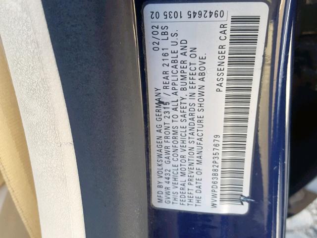 WVWPD63B82P357679 - 2002 VOLKSWAGEN PASSAT GLS BLUE photo 10