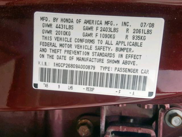 1HGCP26809A000879 - 2009 HONDA ACCORD EXL BURGUNDY photo 10