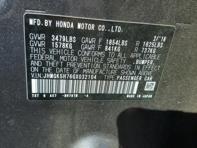 JHMGK5H76GX032104 - 2016 HONDA FIT EX GRAY photo 10