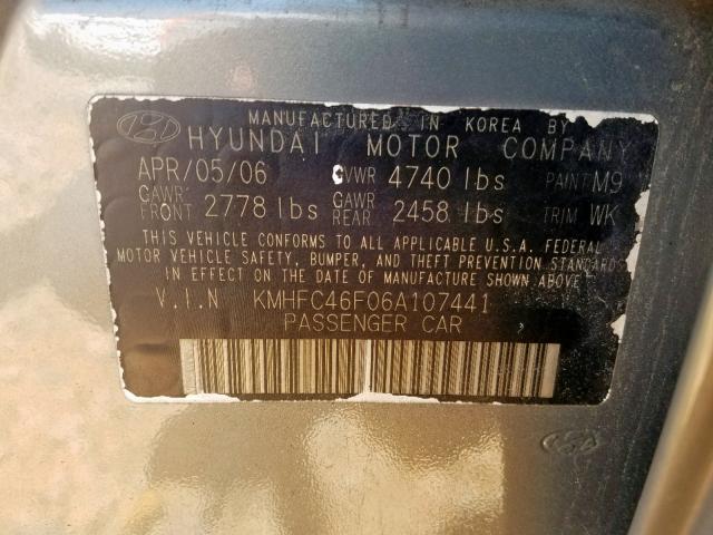 KMHFC46F06A107441 - 2006 HYUNDAI AZERA SE GRAY photo 10