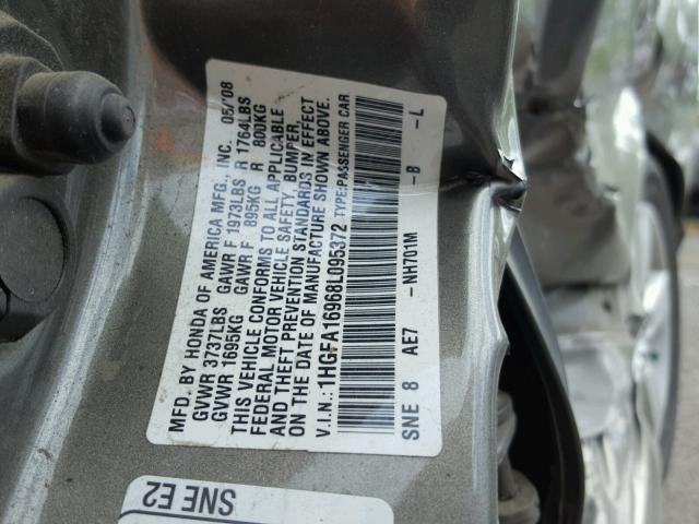 1HGFA16968L095372 - 2008 HONDA CIVIC EXL GRAY photo 10