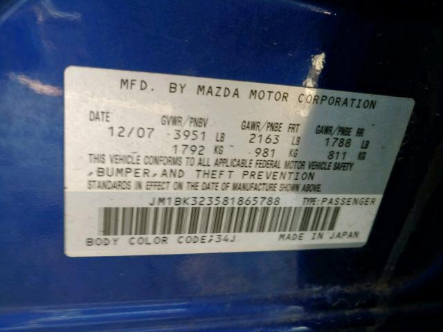 JM1BK323581865788 - 2008 MAZDA 3 S BLUE photo 10