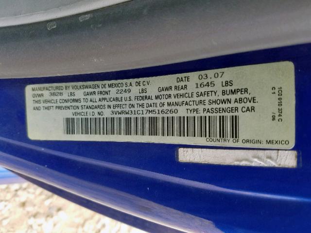 3VWRW31C17M516260 - 2007 VOLKSWAGEN NEW BEETLE ლურჯი ფოტო 10