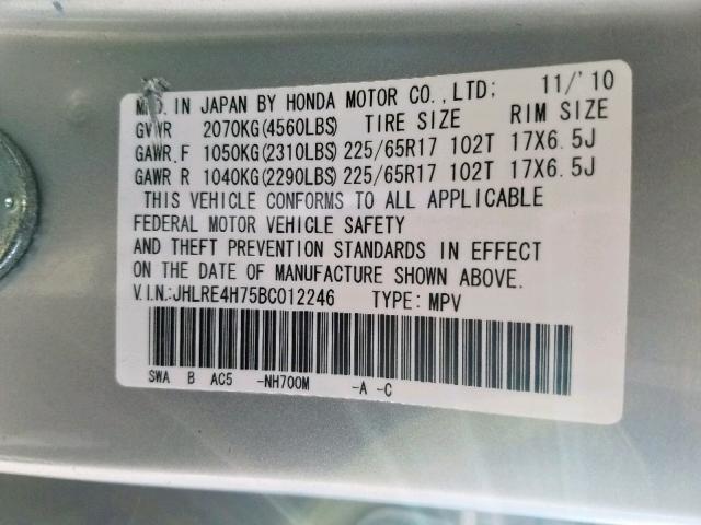 JHLRE4H75BC012246 - 2011 HONDA CR-V EXL SILVER photo 10