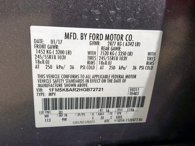 1FM5K8AR2HGB72721 - 2017 FORD EXPLORER P GRAY photo 10