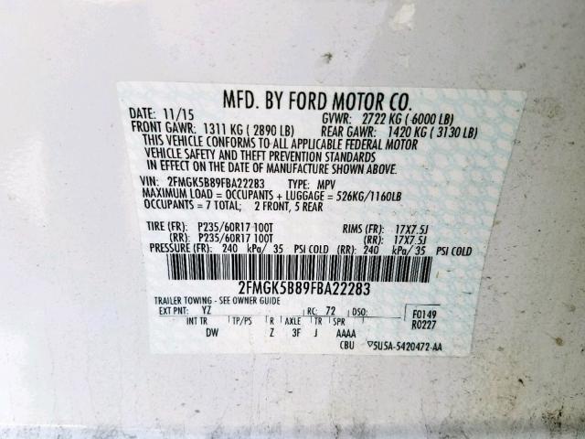 2FMGK5B89FBA22283 - 2015 FORD FLEX SE WHITE photo 10