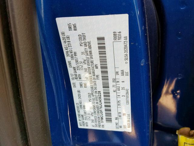 1FMCU0F76JUA56228 - 2018 FORD ESCAPE S BLUE photo 10