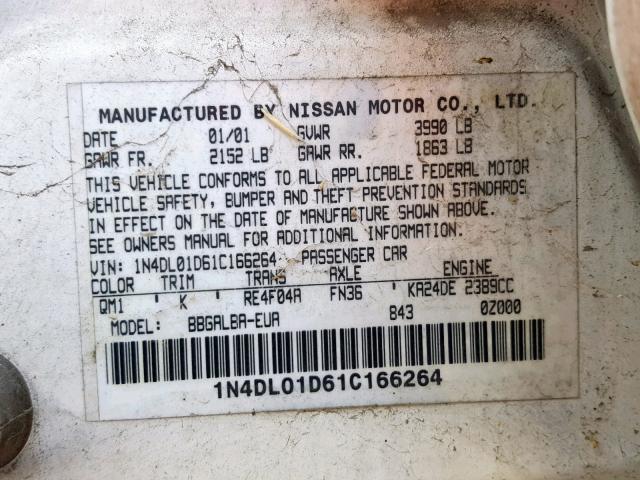 1N4DL01D61C166264 - 2001 NISSAN ALTIMA XE WHITE photo 10