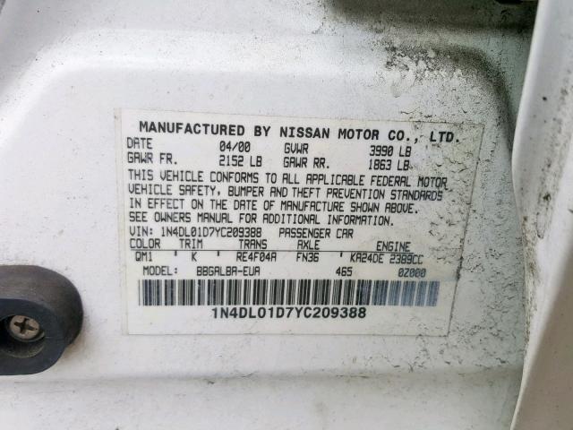 1N4DL01D7YC209388 - 2000 NISSAN ALTIMA XE WHITE photo 10