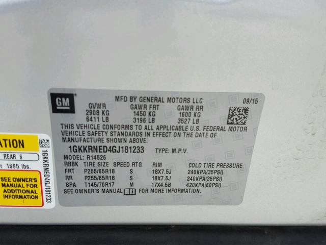 1GKKRNED4GJ181233 - 2016 GMC ACADIA SLE SILVER photo 10