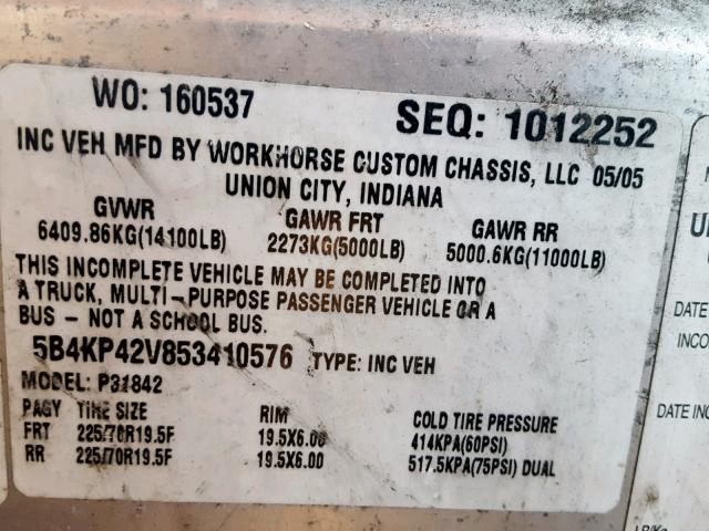 5B4KP42V853410576 - 2005 WORKHORSE CUSTOM CHASSIS FORWARD CO BEIGE photo 10