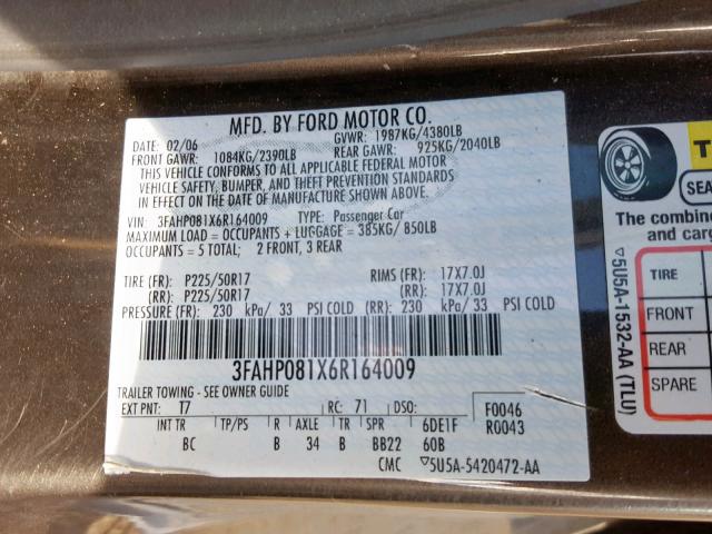 3FAHP081X6R164009 - 2006 FORD FUSION SEL GRAY photo 10