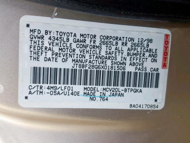 JT8BF28G6X0181506 - 1999 LEXUS ES 300 GOLD photo 10