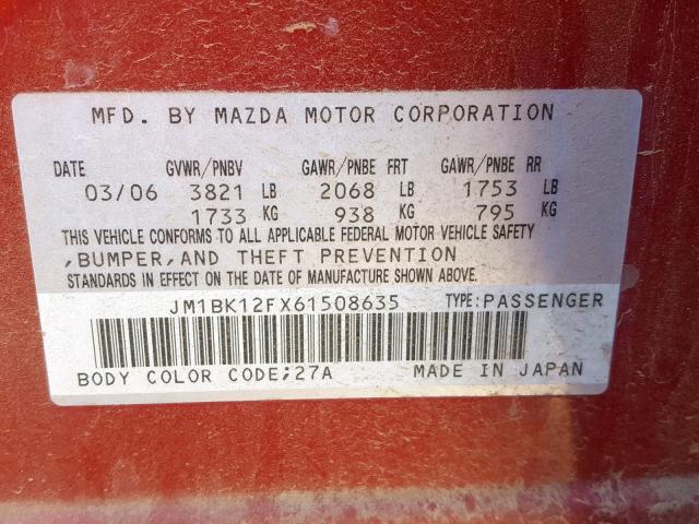 JM1BK12FX61508635 - 2006 MAZDA 3 I RED photo 10