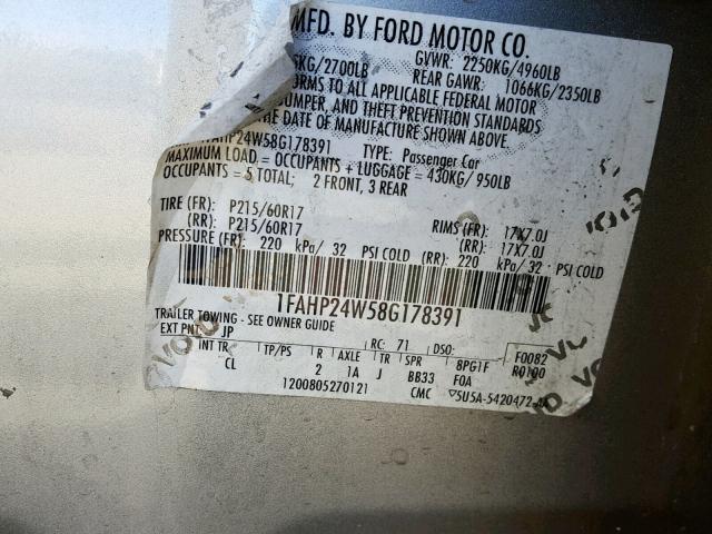 1FAHP24W58G178391 - 2008 FORD TAURUS SEL SILVER photo 10