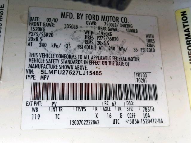 5LMFU27527LJ15485 - 2007 LINCOLN NAVIGATOR WHITE photo 10