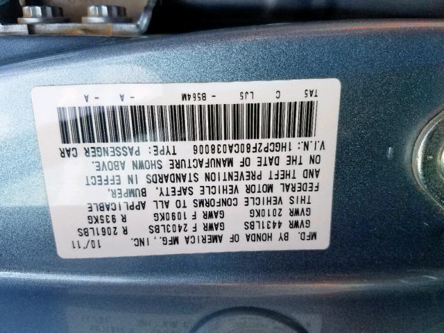 1HGCP2F80CA038006 - 2012 HONDA ACCORD EXL BLUE photo 10