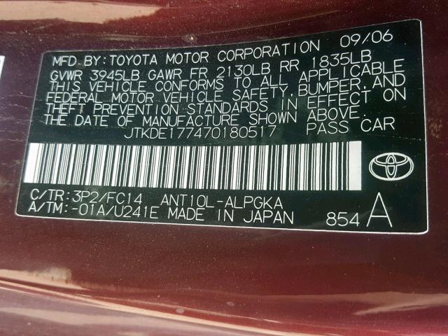 JTKDE177470180517 - 2007 TOYOTA SCION TC იასამნისფერი ფოტო 10