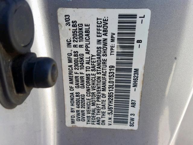 5J6YH28513L015319 - 2003 HONDA ELEMENT EX SILVER photo 10