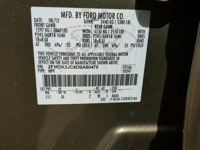 2FMDK3JC8DBA80475 - 2013 FORD EDGE SEL GREEN photo 10