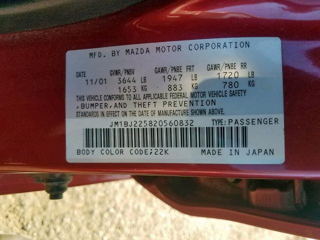 JM1BJ225820560832 - 2002 MAZDA PROTEGE DX MAROON photo 10