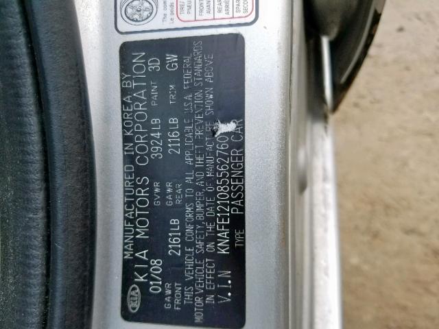 KNAFE121085562760 - 2008 KIA SPECTRA EX SILVER photo 10