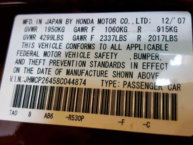 JHMCP26458C044874 - 2008 HONDA ACCORD LXP BURGUNDY photo 10