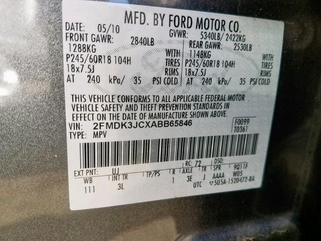 2FMDK3JCXABB65846 - 2010 FORD EDGE SEL GRAY photo 10