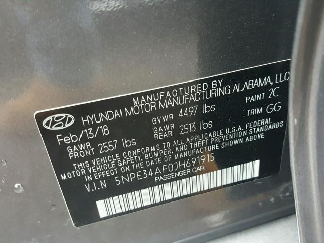 5NPE34AF0JH691915 - 2018 HYUNDAI SONATA SPO SILVER photo 10