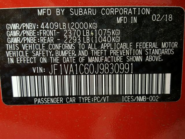 JF1VA1C60J9830991 - 2018 SUBARU WRX PREMIU RED photo 10