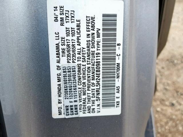 5FNRL5H24EB098119 - 2014 HONDA ODYSSEY LX GRAY photo 10