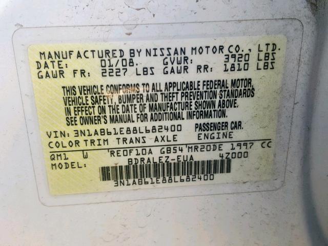 3N1AB61E88L682400 - 2008 NISSAN SENTRA 2.0 WHITE photo 10