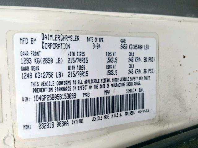 1D4GP25B05B153699 - 2005 DODGE CARAVAN SE WHITE photo 10