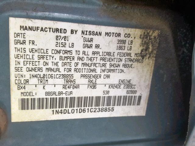 1N4DL01D61C238855 - 2001 NISSAN ALTIMA XE GREEN photo 10